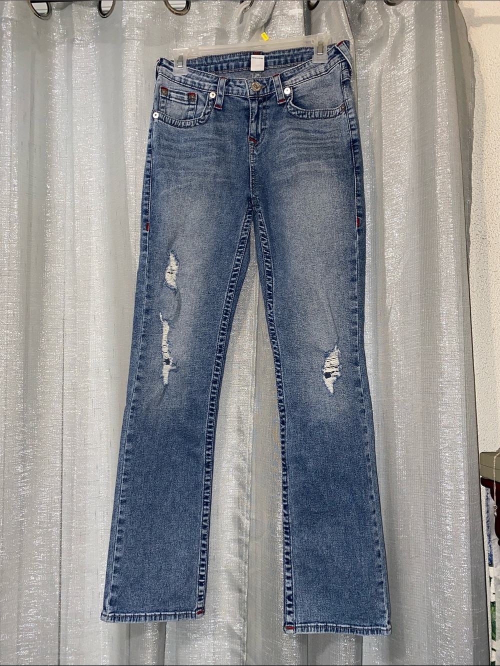 True Religion Medium Blue Straight Leg Distressed Jeans
